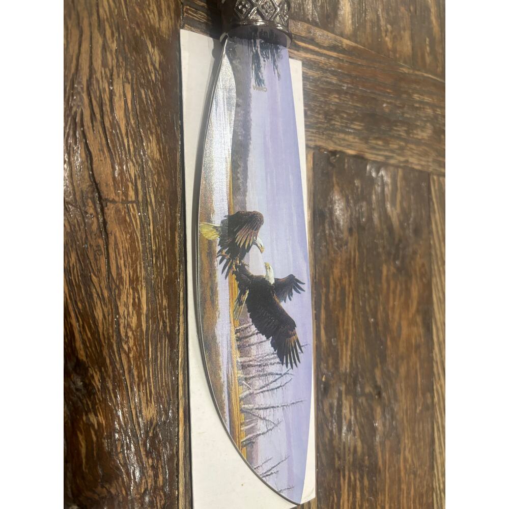 12” Bowie Stainless Knife w/ Painted Bald Eagles on Blade & carved on Handle